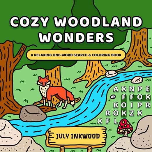 Cover of Cozy Woodland Wonders — a woodland-themed word search and coloring book